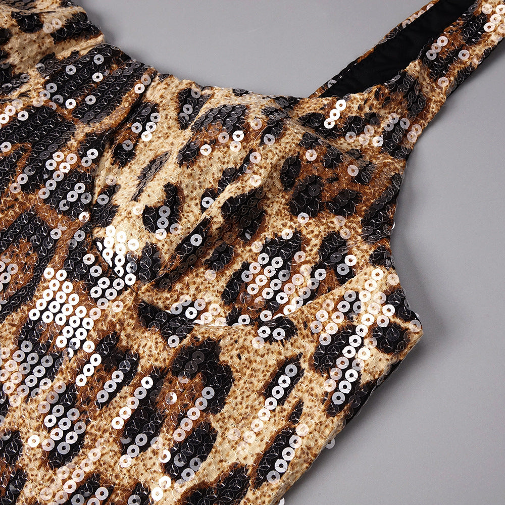 Jarrell Dazzling Leopard Sequin Maxi Gown with Dramatic Cape