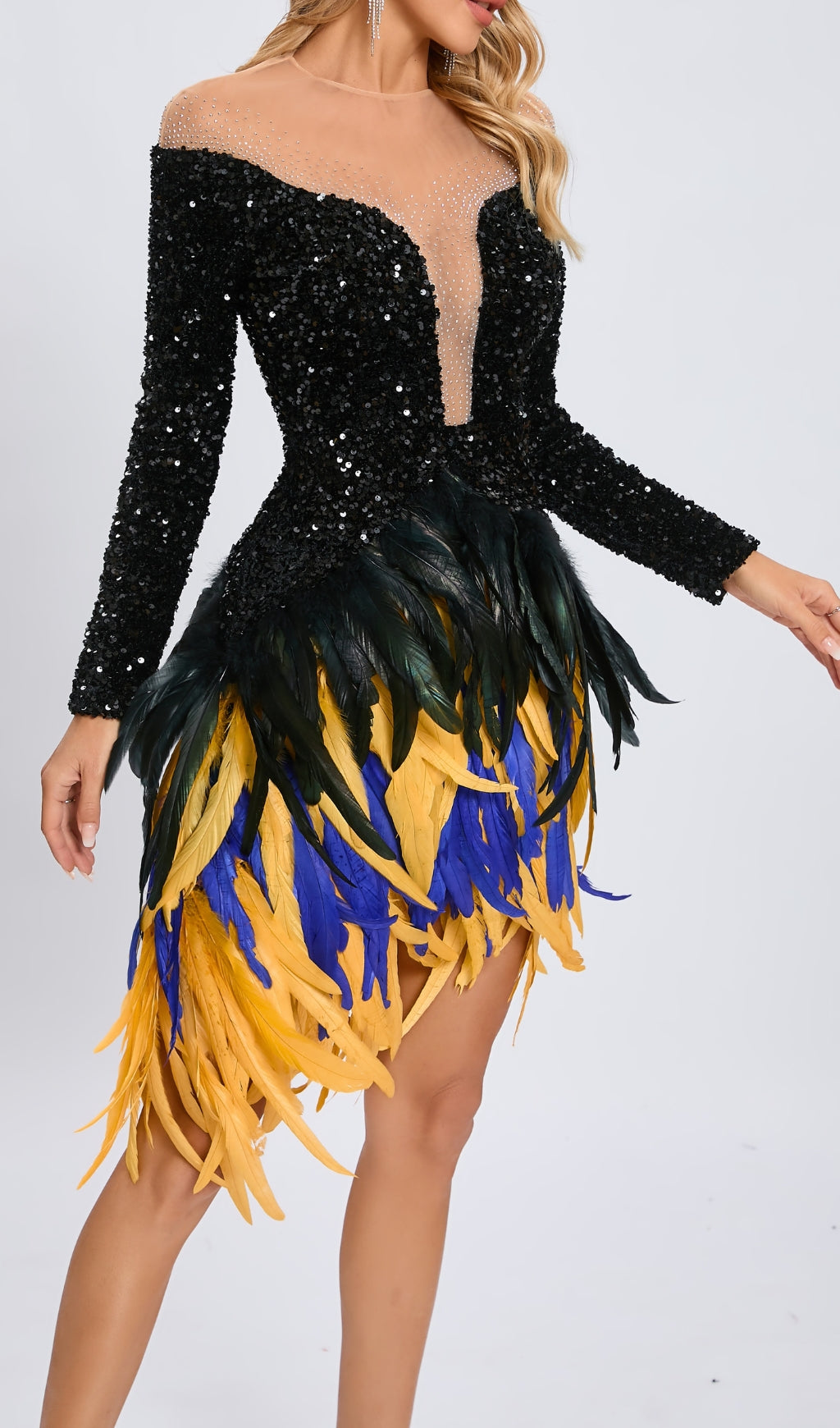 Glamorous Black Sequin & Vibrant Feather Long Sleeve Mini Dress