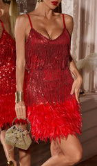 Csilla Dazzling Red Sequin Tassel Feather Mini Dress