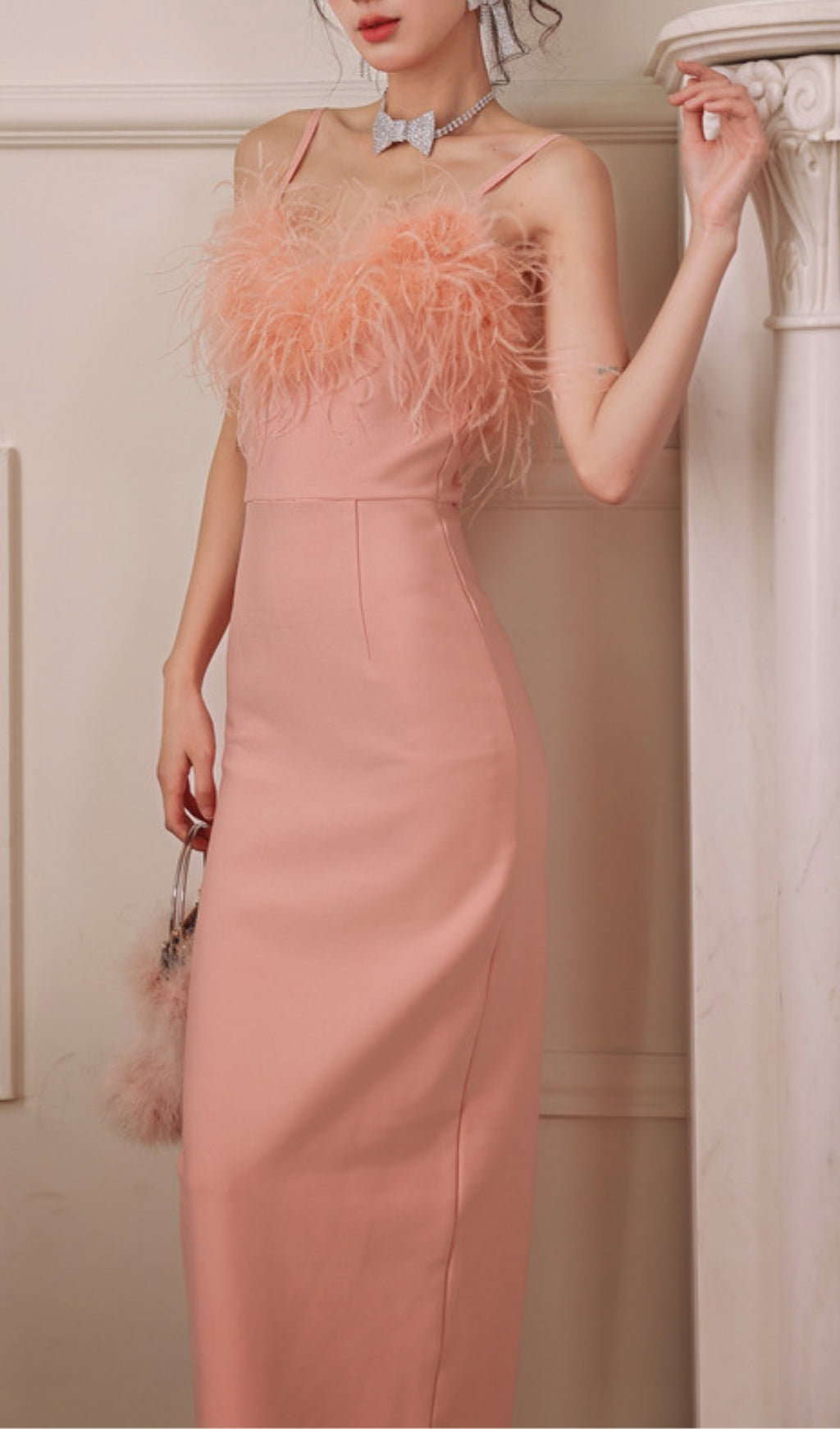 Ellette Glamorous Peach Feather Bustier Maxi Gown