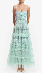 Glora Mint Green Strapless Tiered Lace Maxi Gown
