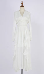 Ginger Shimmer Pink Ruffle V-Neck Long Sleeve Maxi Dress