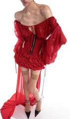 Francesca Red Siren Corset Mesh Mini Dress with Dramatic Sheer Train