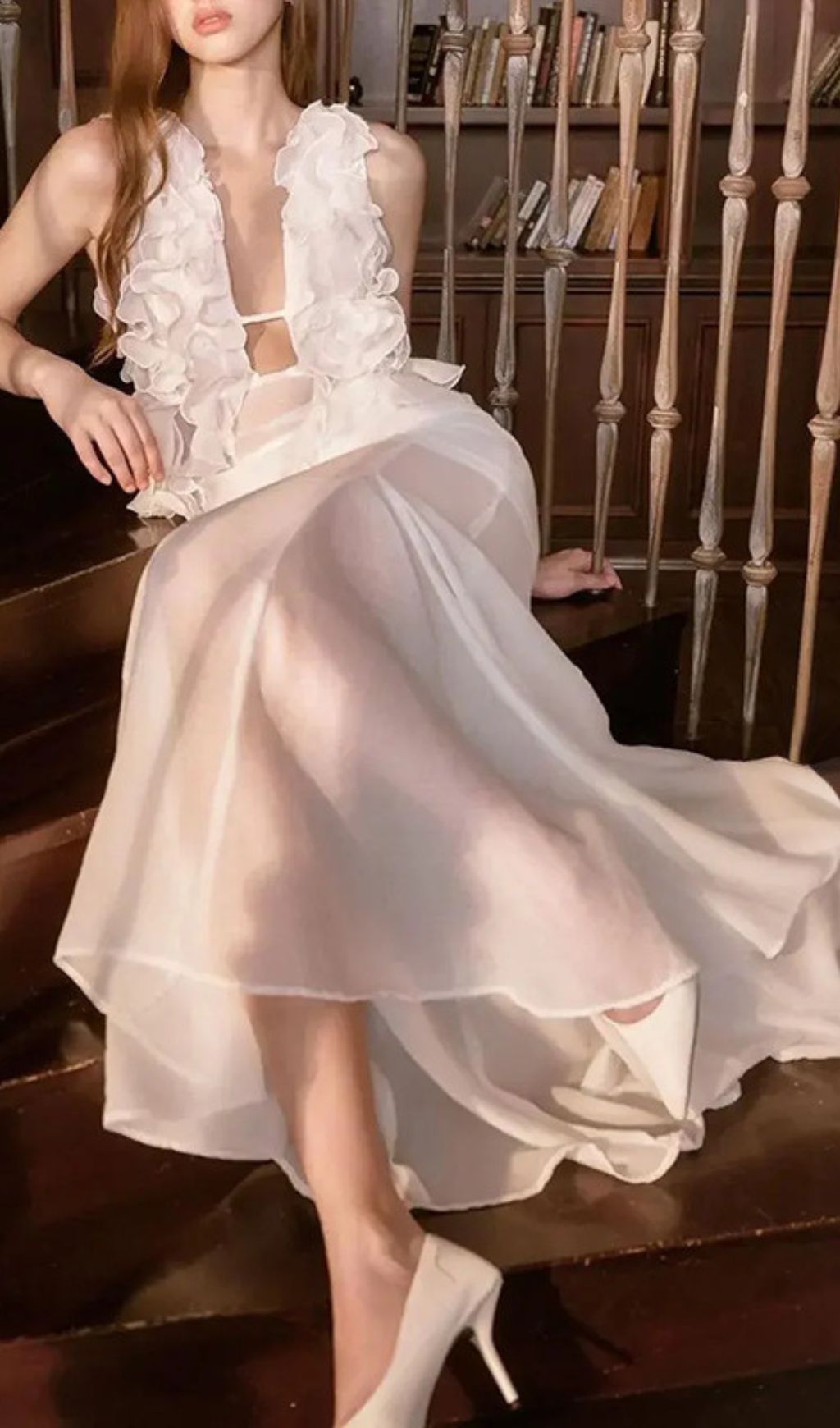 Harleigh White Ruffled Mesh Maxi Dress