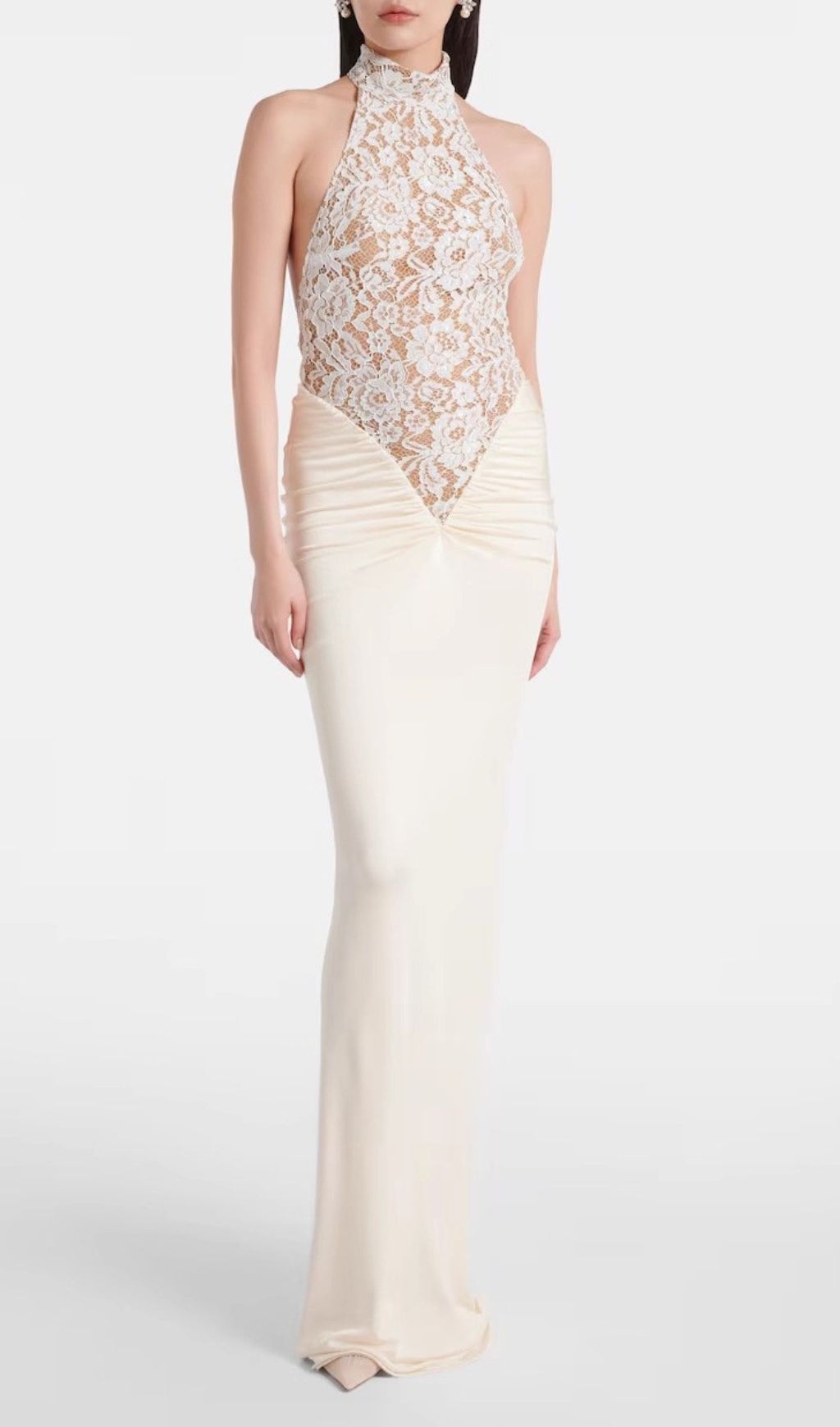 Halina Elegant White Halter Lace Maxi Dress
