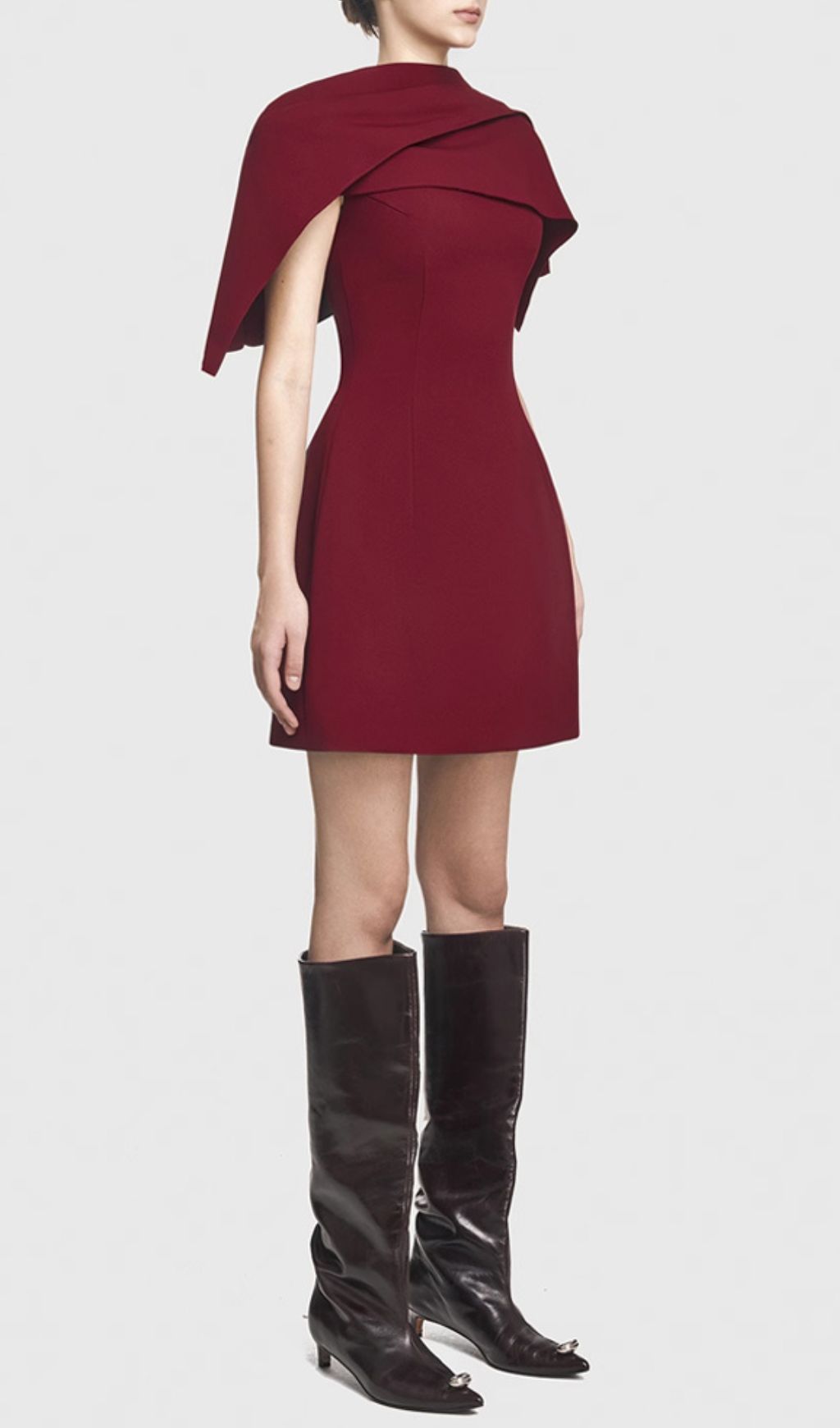 Gainell Sculptural Draped Shoulder Wine Mini Dress