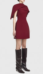 Gainell Sculptural Draped Shoulder Wine Mini Dress
