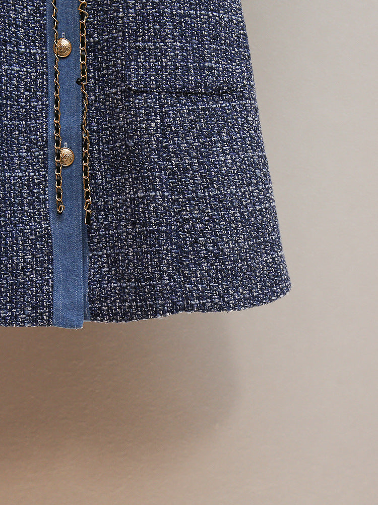 Chic Tweed & Denim Mini Dress with Gold Chain Accents