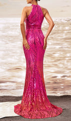 Darien Dazzling Pink Ombre Sequin Halter Mermaid Gown