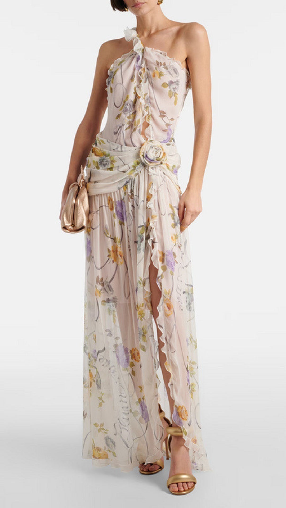 Femi Enchanting Floral One-Shoulder Ruffle Maxi Dress
