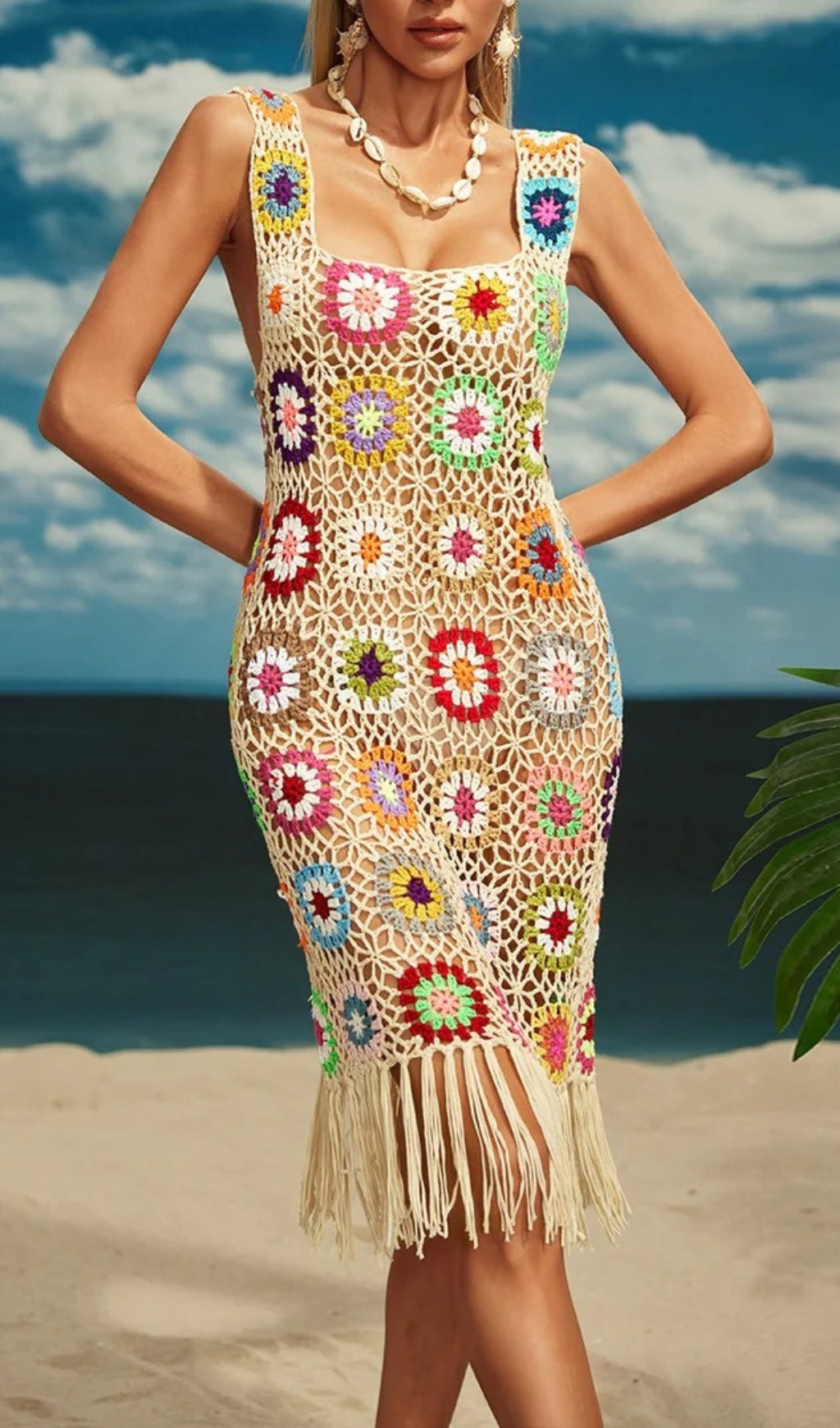 Vibrant Boho Crochet Granny Square Midi Dress