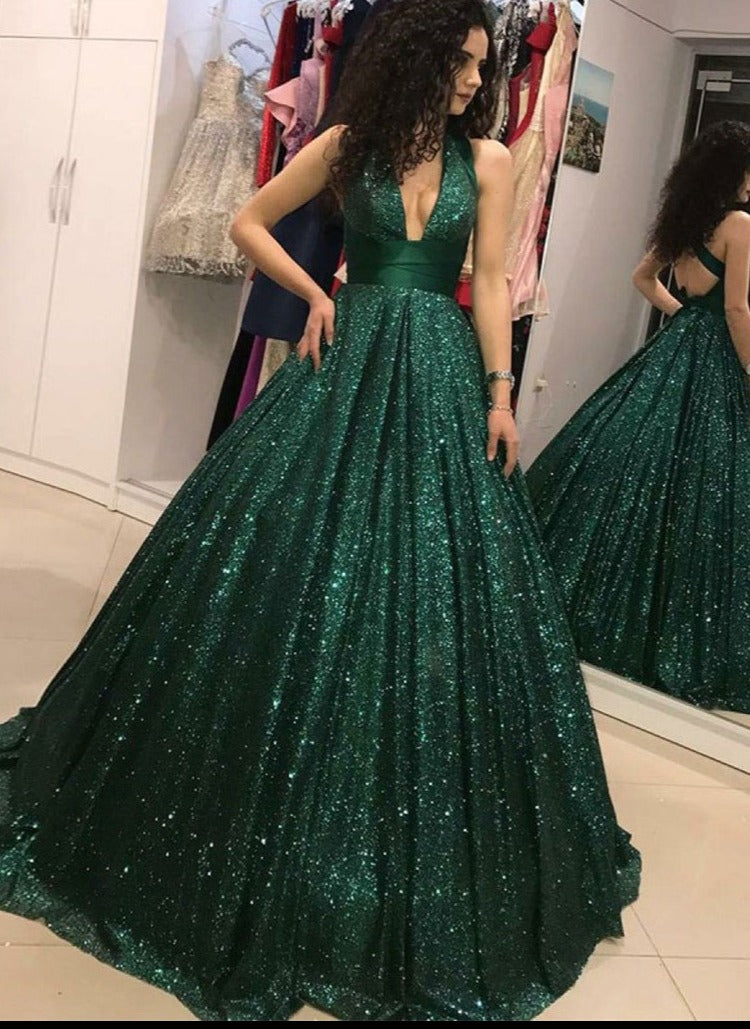 Charming Green Sequins Cross Back Ball Gown Evening Dress Party Dress