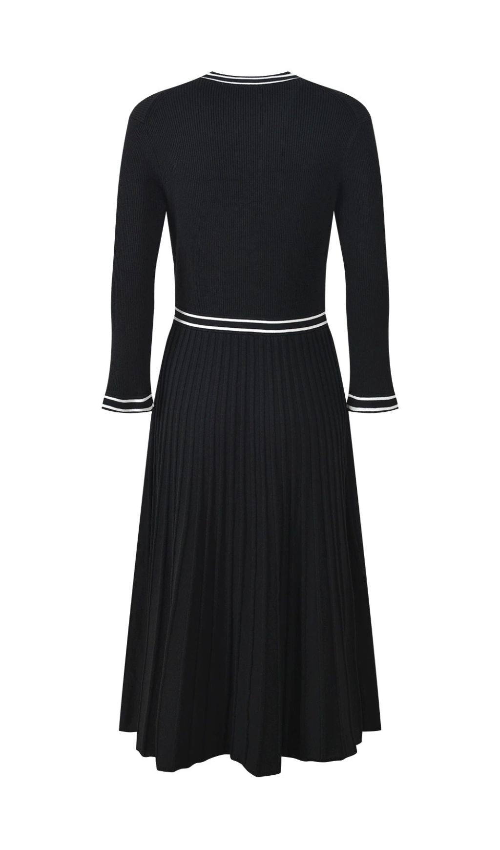 Jemarie Chic Black Knit Pleated Midi Dress with Contrast Trim
