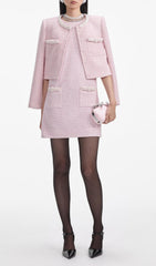 Elegant Pink Boucl Mini Dress with Pearl & Bow Pockets