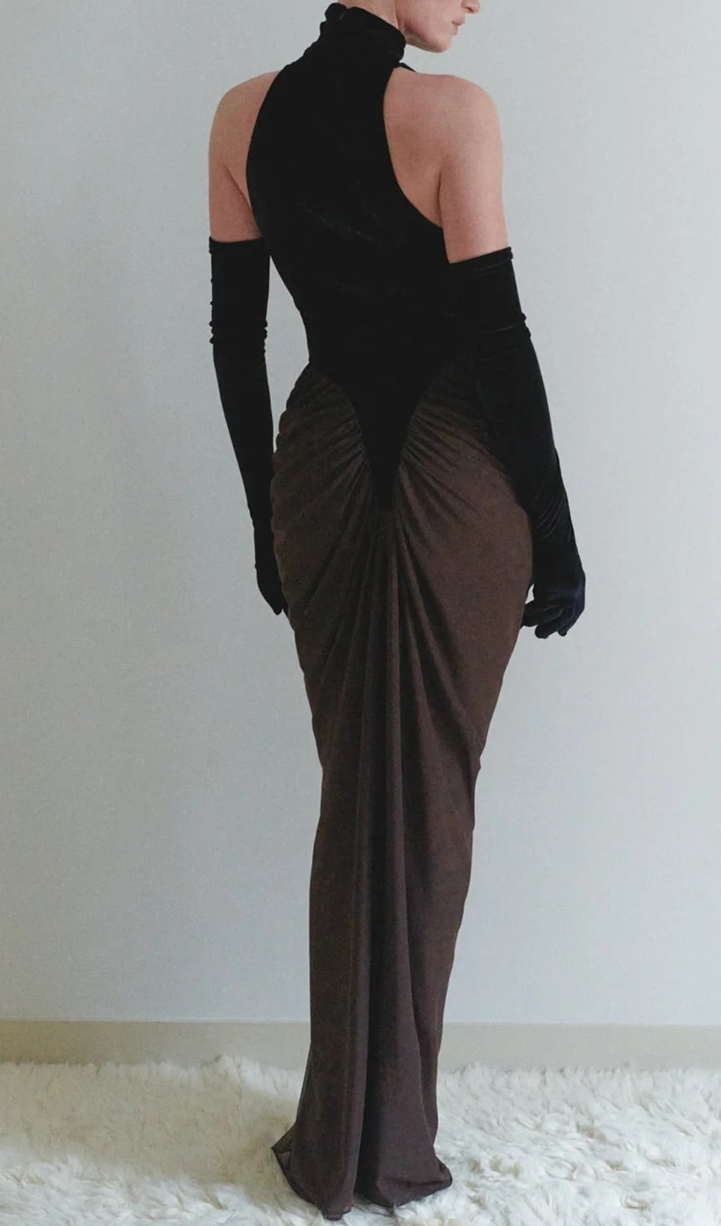 Chic Two-Tone Halter Draped Velvet Maxi Dress with Opera Gloves