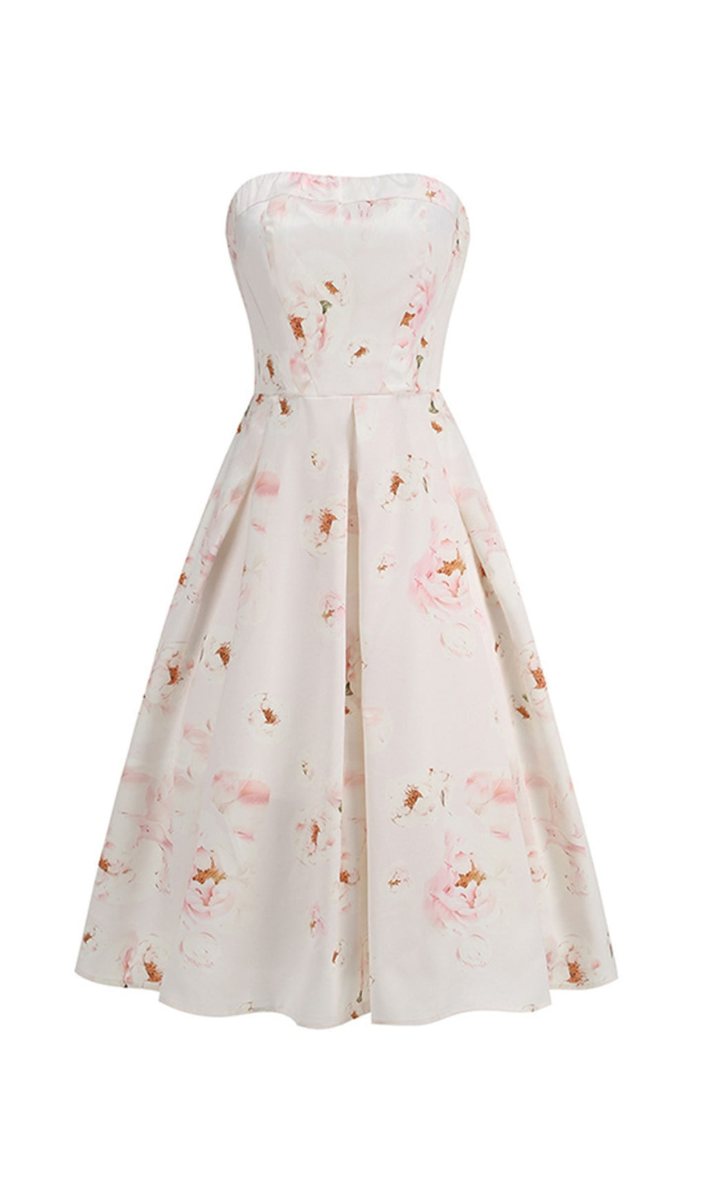Elegant Hummingbird Floral Strapless A-Line Midi Dress