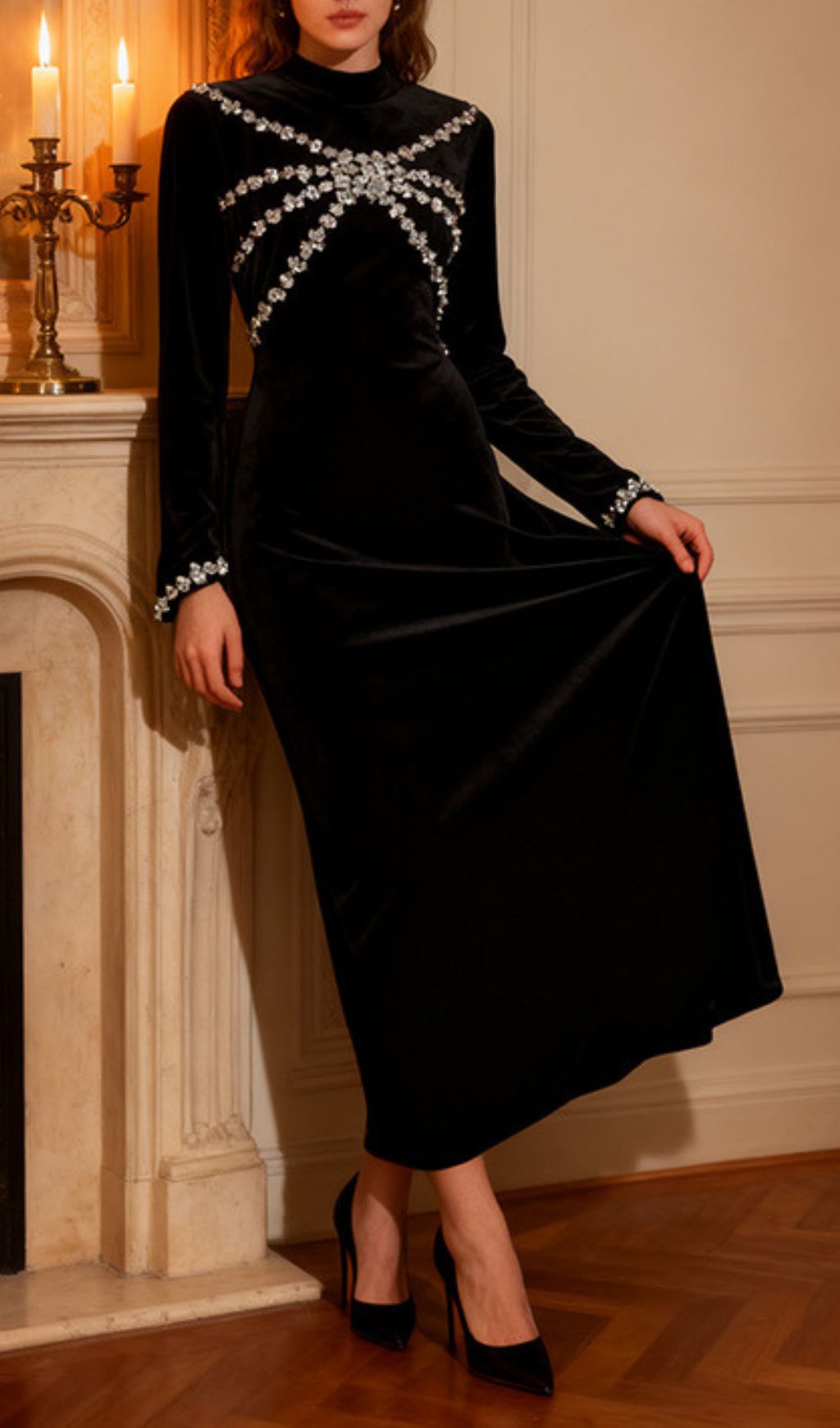 Isanne Velvet & Diamante Long Sleeve Maxi Dress