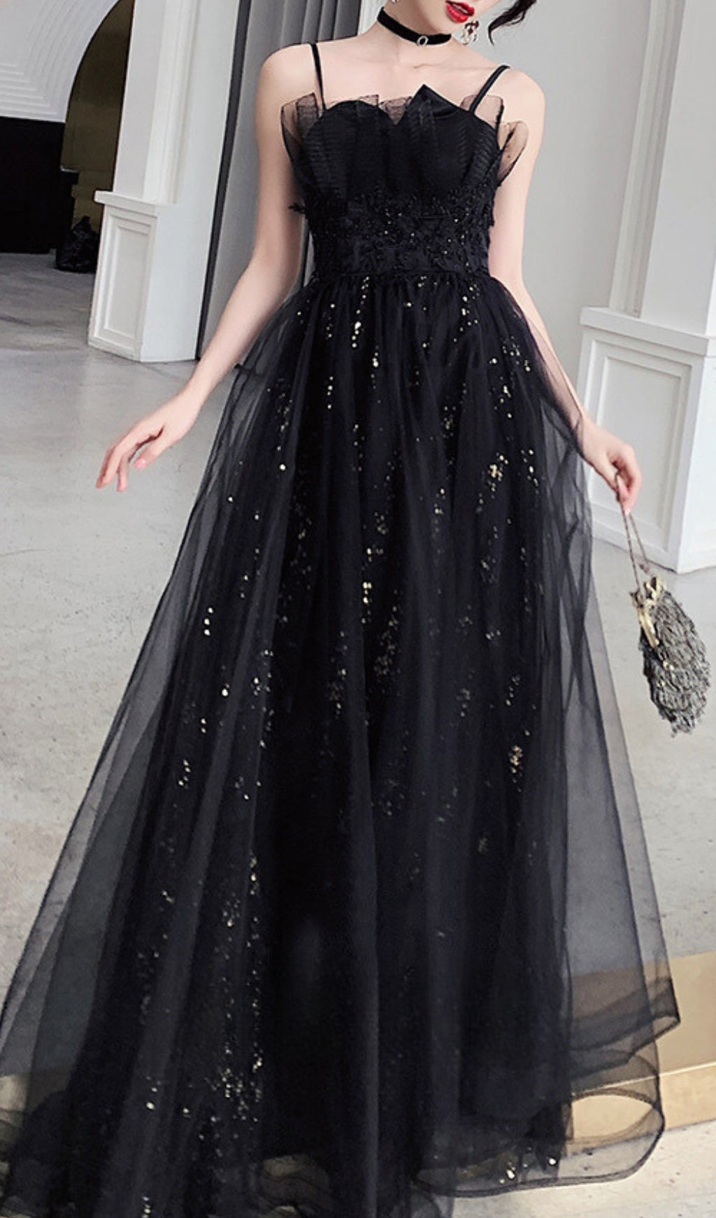 Chiye Starlit Black Tulle Maxi Dress