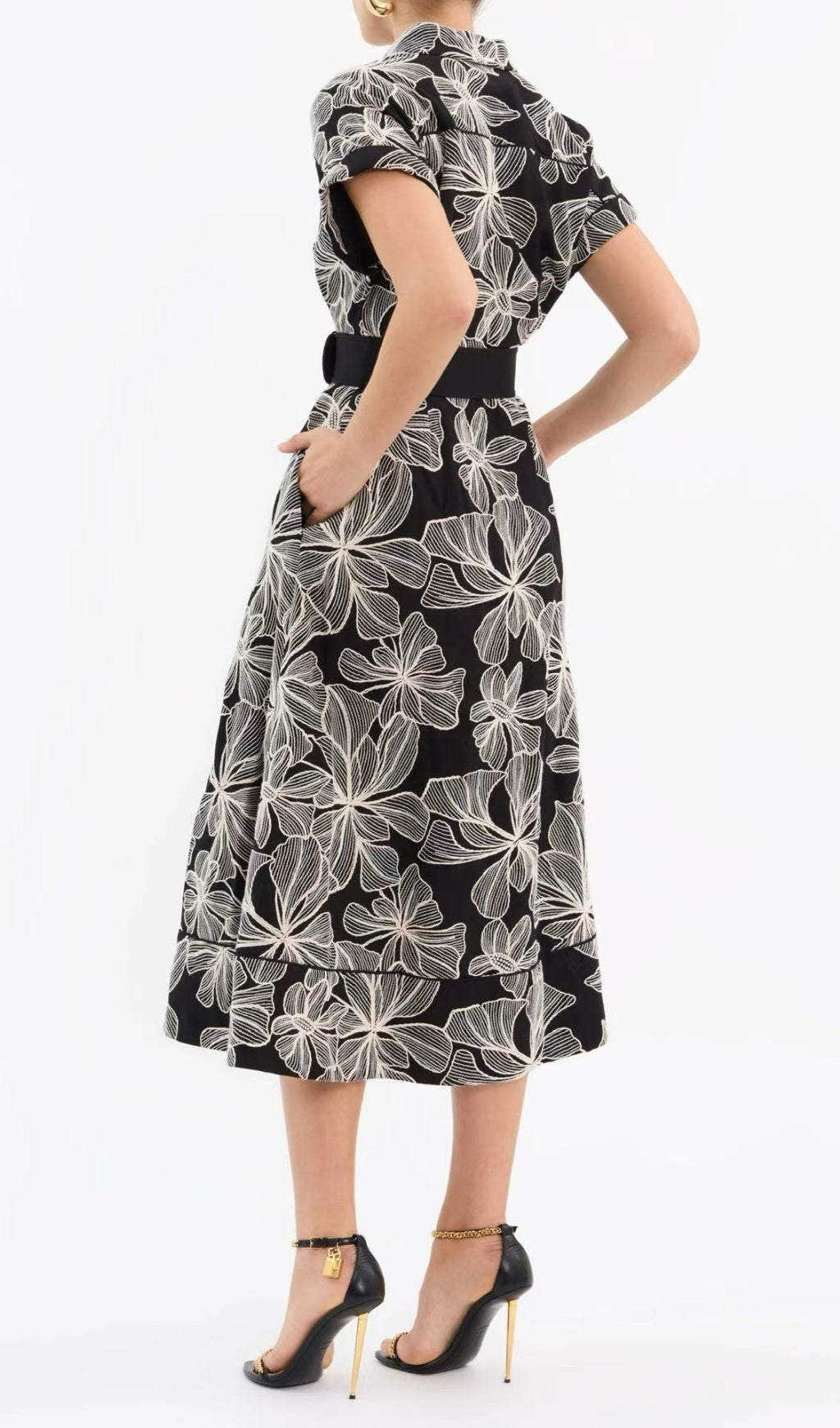 Davan Black & White Floral Belted Midi Shirtdress with Pockets