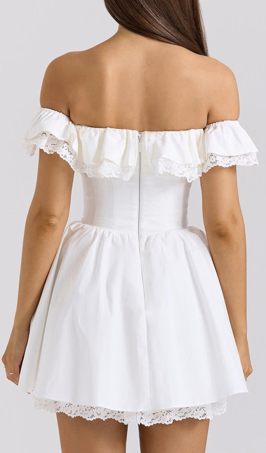 Devona Romantic White Off-Shoulder Bow Mini Dress with Lace Trim