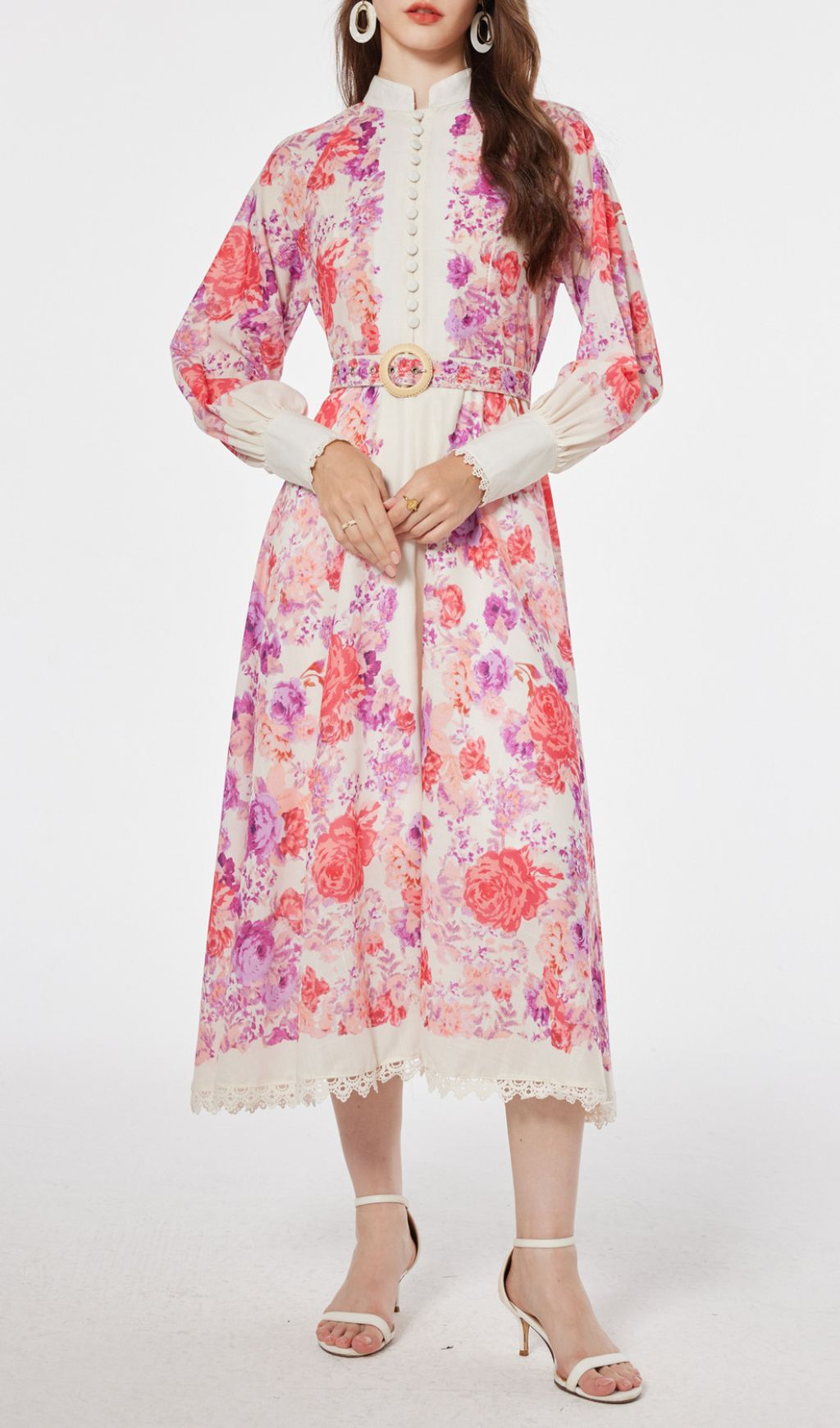 Jarl Elegant Pink Floral Long Sleeve Midi Dress