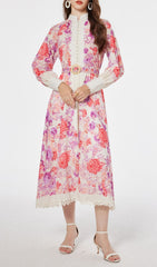 Jarl Elegant Pink Floral Long Sleeve Midi Dress