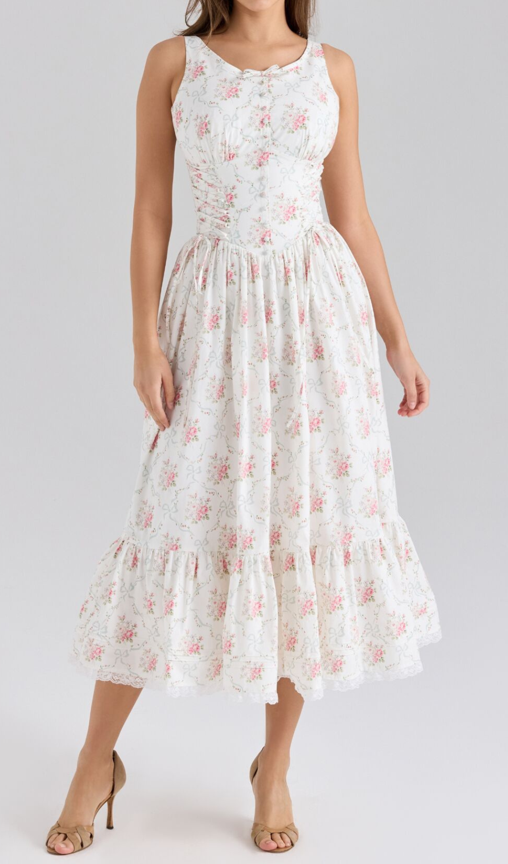 Haruhi Romantic Floral & Ribbon Sleeveless Midi Dress with Lace Trim