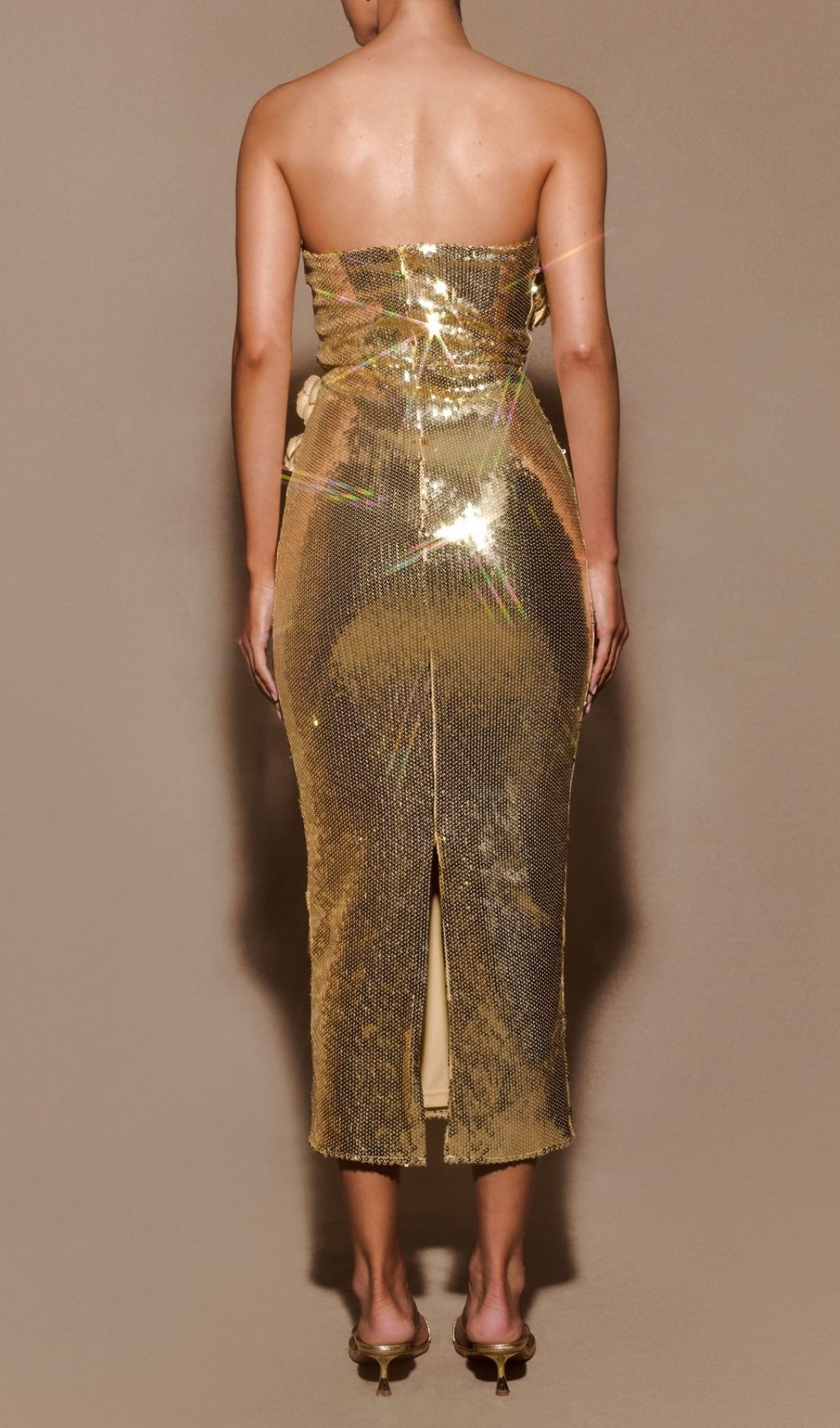 Elish Gold Floral Sequin Strapless Midi Dress