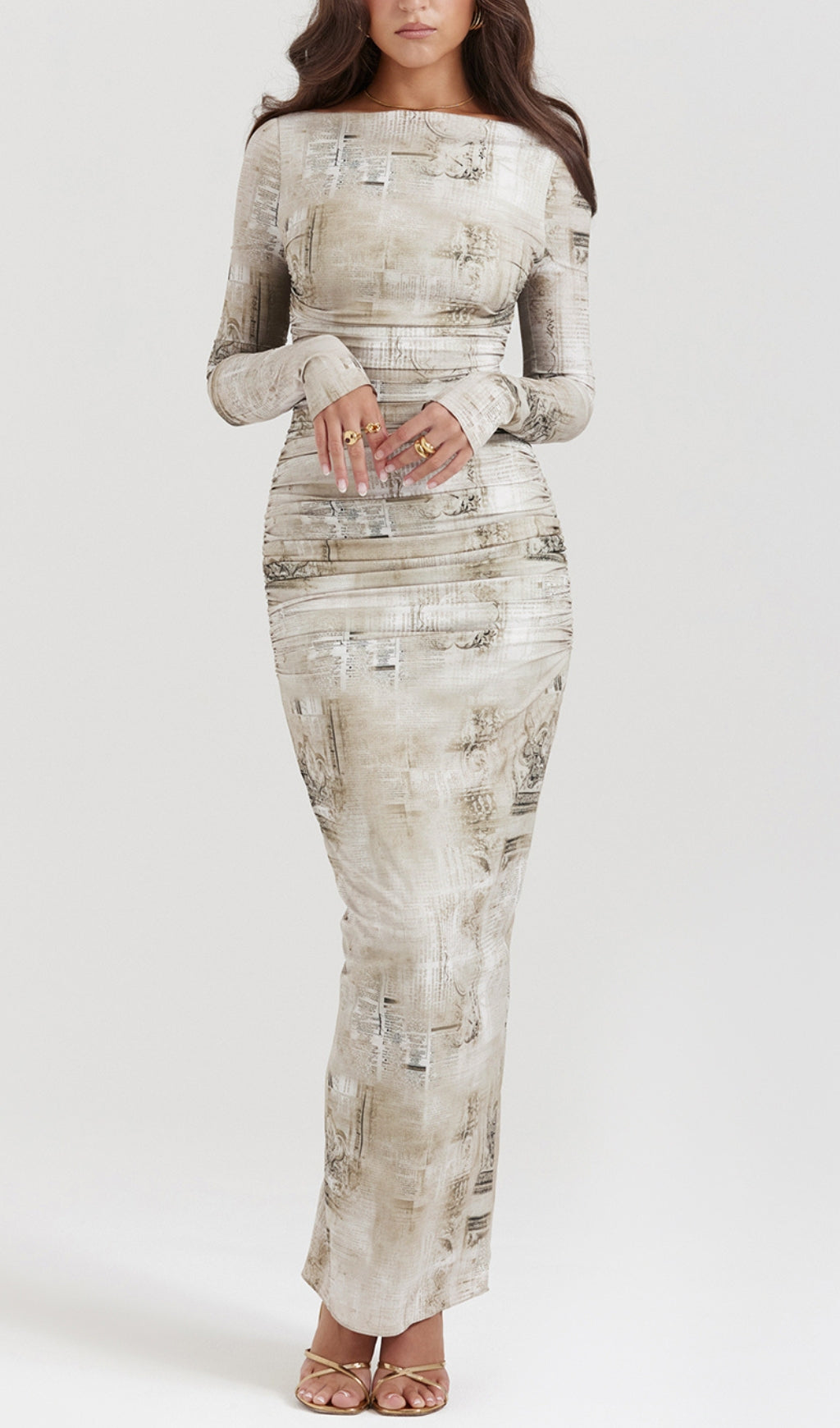 Chic Ruched Long Sleeve Printed Midi Dress