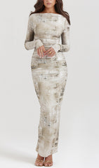 Chic Ruched Long Sleeve Printed Midi Dress
