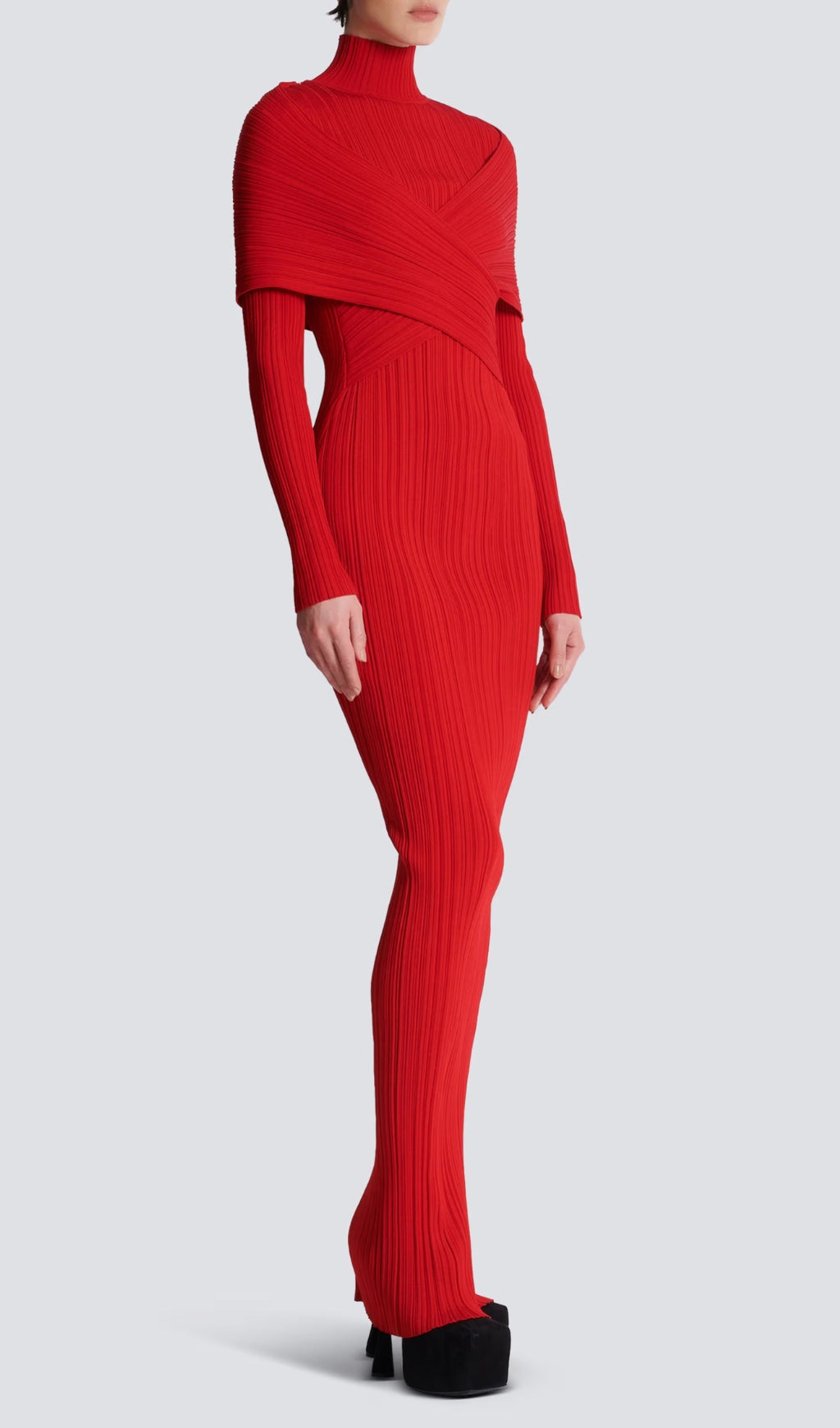 Carwen Red Ribbed Knit Cross-Over Maxi Dress