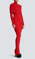 Carwen Red Ribbed Knit Cross-Over Maxi Dress