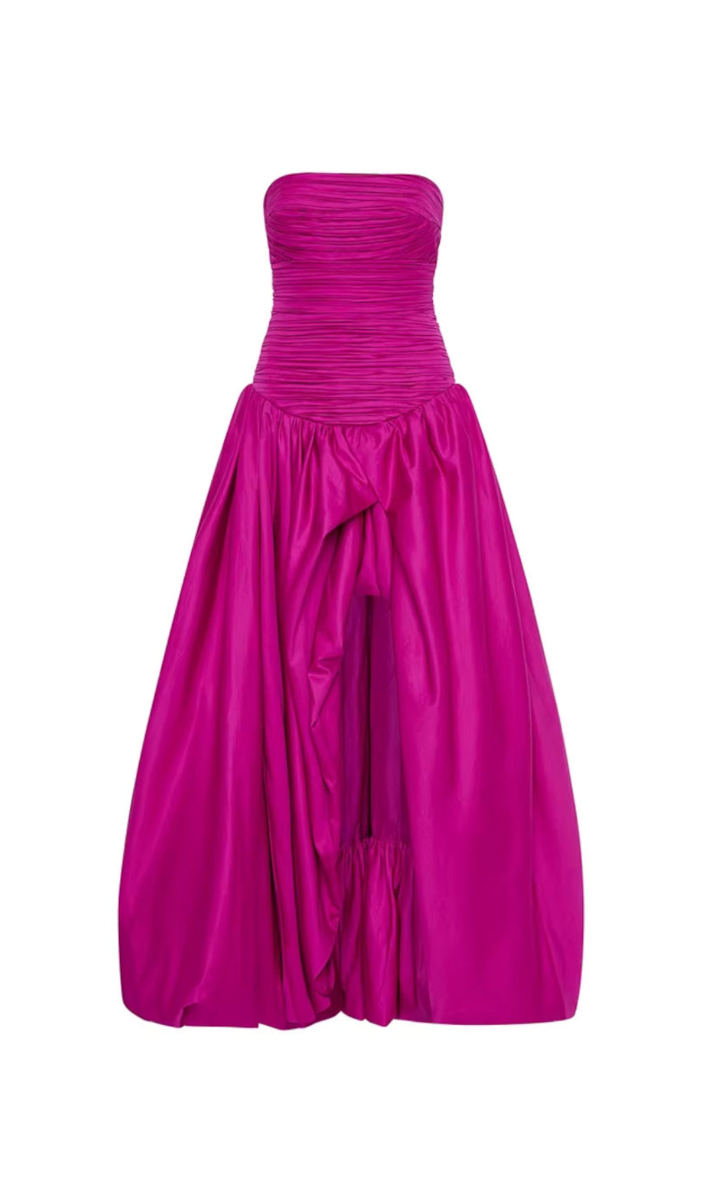Radiant Hot Pink Strapless Ruched Puff Maxi Gown