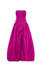 Radiant Hot Pink Strapless Ruched Puff Maxi Gown