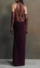 Elegant Wine Red Cascade Lace Deep-V Halter Maxi Gown