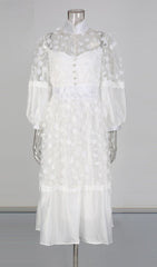 Itzayana Romantic White Floral Lace Embellished Midi Dress with Puffed Sleeves