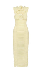 Beverly Yellow Floral Cutout Ruched Midi Dress