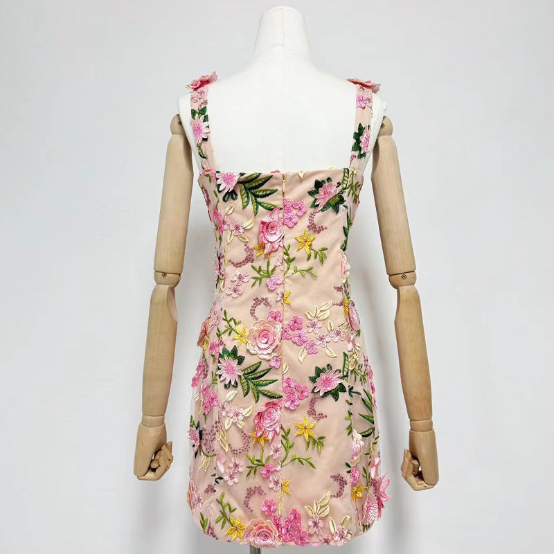 Fyodor Blush Bloom Floral Embroidery Strappy Mini Dress