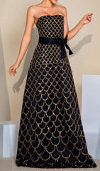 Cammy Black & Gold Scallop Sequin Strapless Maxi Gown
