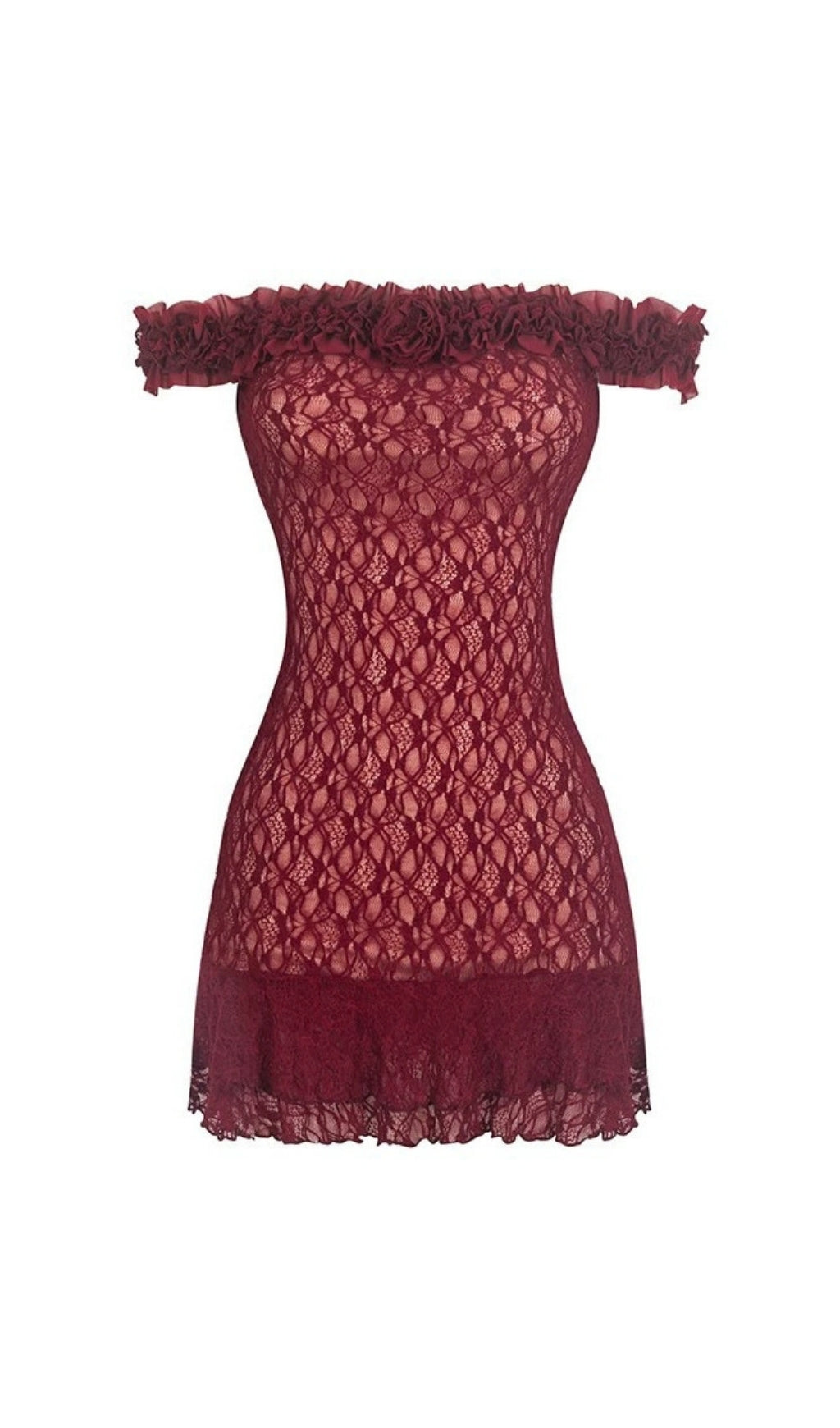 Eilika Romantic Red Floral Lace Ruffle Mini Dress