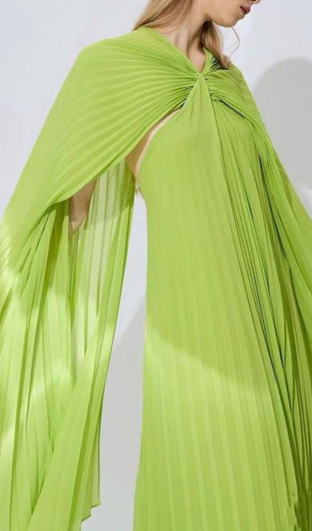 Ellaruth Vibrant Green Pleated Halter Maxi Dress with Cape Detail