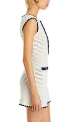 Chic White Crochet Mini Dress with Navy Trim & Gold Buttons
