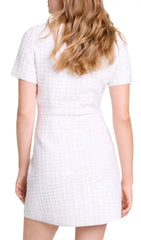Rirtaly Chic White Tweed Sequin Mini Dress with Gold Buttons