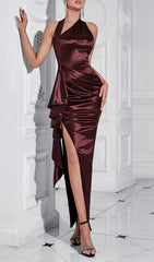 Burris Halter Ruched Satin Maxi Dress with High Slit