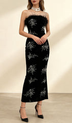 Inanna Black Feather Trim Velvet Embellished Strapless Maxi Gown