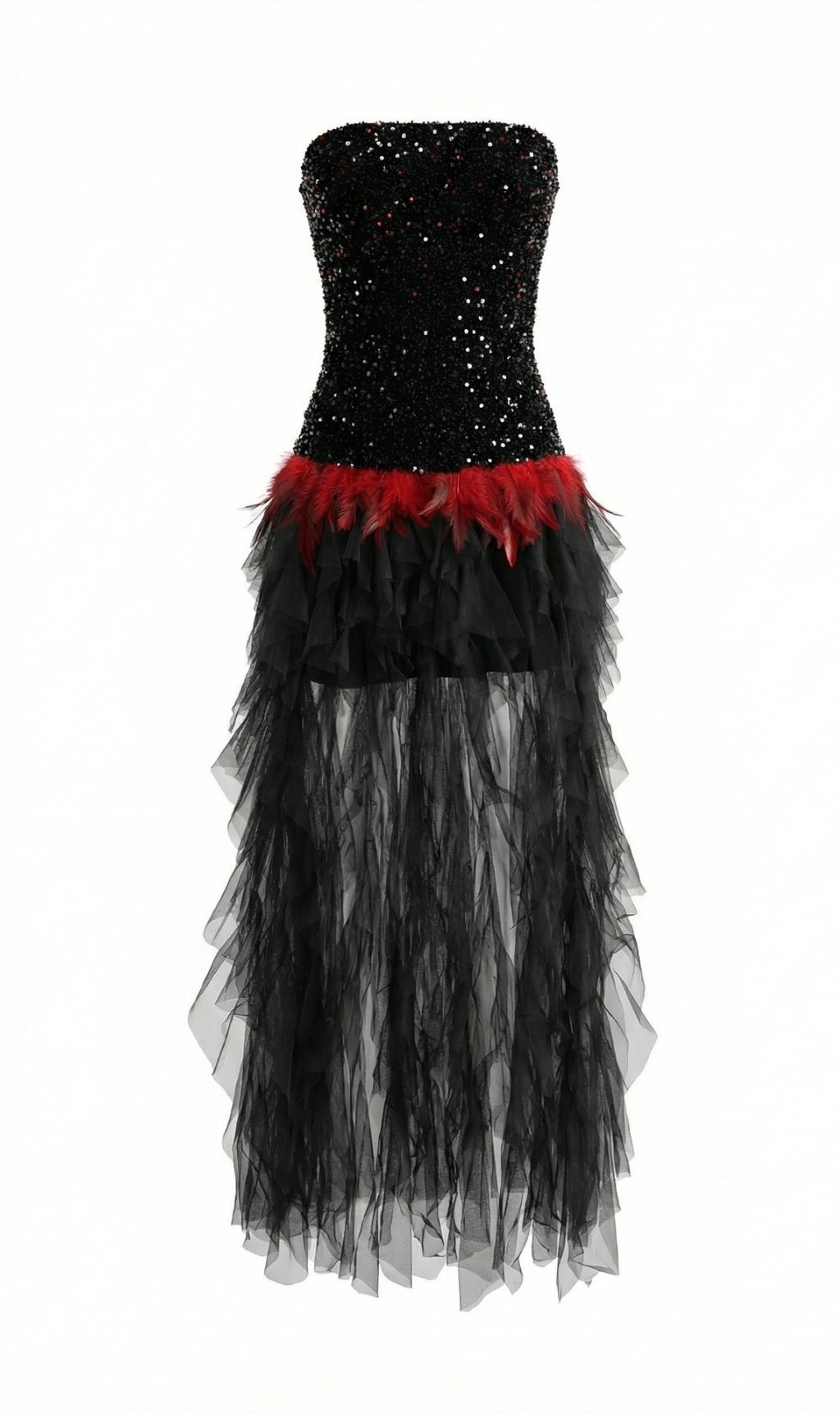 Jainna Black Sequin & Red Feather Strapless Mesh Maxi Gown