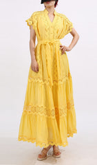 Fritzi Yellow Bohemian V-Neck Lace Tiered Maxi Dress for Women