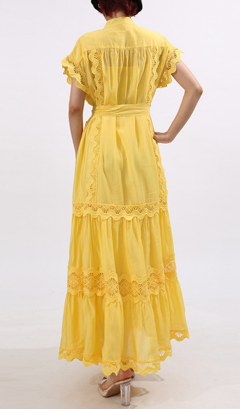 Fritzi Yellow Bohemian V-Neck Lace Tiered Maxi Dress for Women