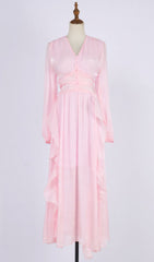 Ginger Shimmer Pink Ruffle V-Neck Long Sleeve Maxi Dress