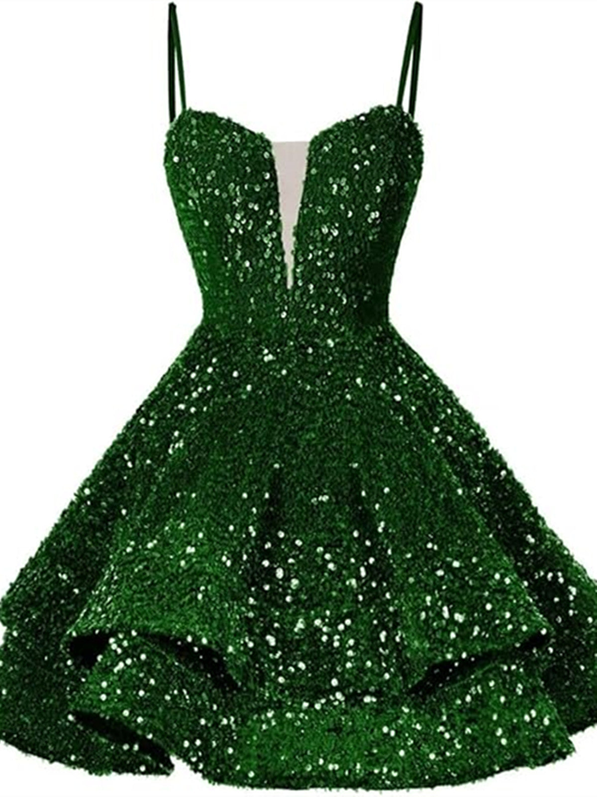 Vestido corto de fiesta con tirantes y lentejuelas verdes, con capas 